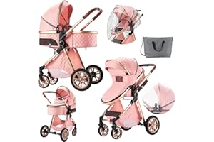SUPPERBEBE 2 in 1 Baby Stroller with Bassinet Convertible Reversible Standard Baby Pram Portable Pushchair Infant Buggy Baby Carriage Foldable High Landscape Pram for Toddler Newborn (2USV9-PINK)