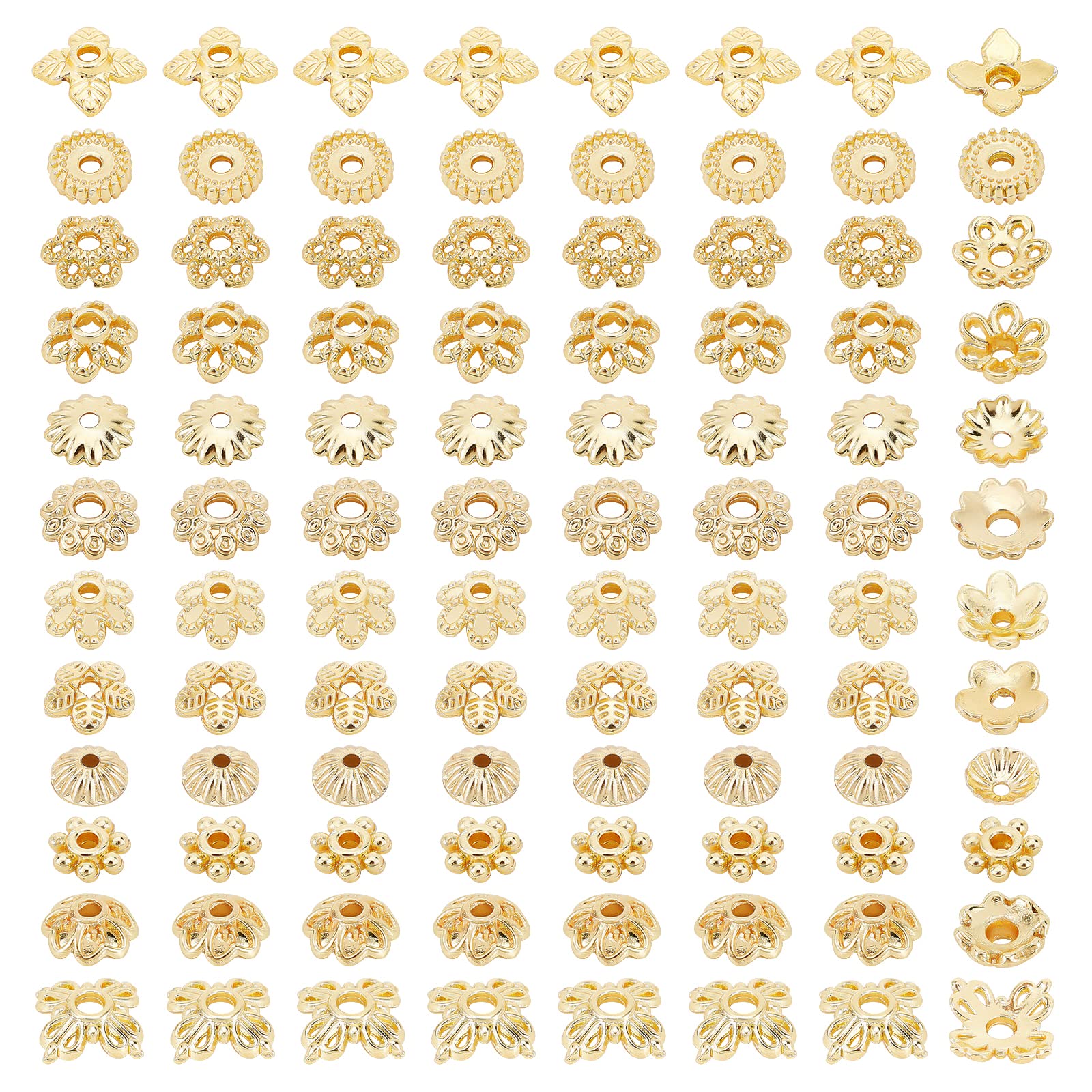 PH PandaHall 144pcs 18K Gold Plated Flower Beads, 12 Styles Brass Ends Tibetan Golden Spacer Beadss 4~6mm Hollow Jewellery Spacers for DIY Craft Earrings Bracelets Necklaces Crafts