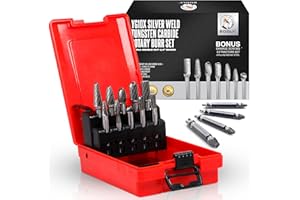 BOOLY Premium-Grade Die Grinder Bits Tungsten Carbide Burr Set 1/4 Shank 10-PC Double Cut Rotary Cutting Burr Bits for Metal Grinding Dewalt Milwaukee Die Grinder Accessories + Bonus 4PC Screw Extractor Set