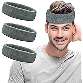 Pejnl Sweatbands Sports Headbands for Men & Women - 3 Pack Moisture Wicking Cotton Headband for Tennis, Basketball, Running, Gym - Sweat Band