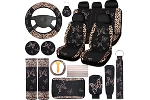 BBTO 43 Pcs Butterfly Car Seat Full Set Butterfly Car Accessories for Women 5 Front Rear Seat Covers Wrist Strap 2 Pcs Cup Mat Armrest Pad 2 Belt Xmas Cover Accessories for SUV(Brown Leopard Print)