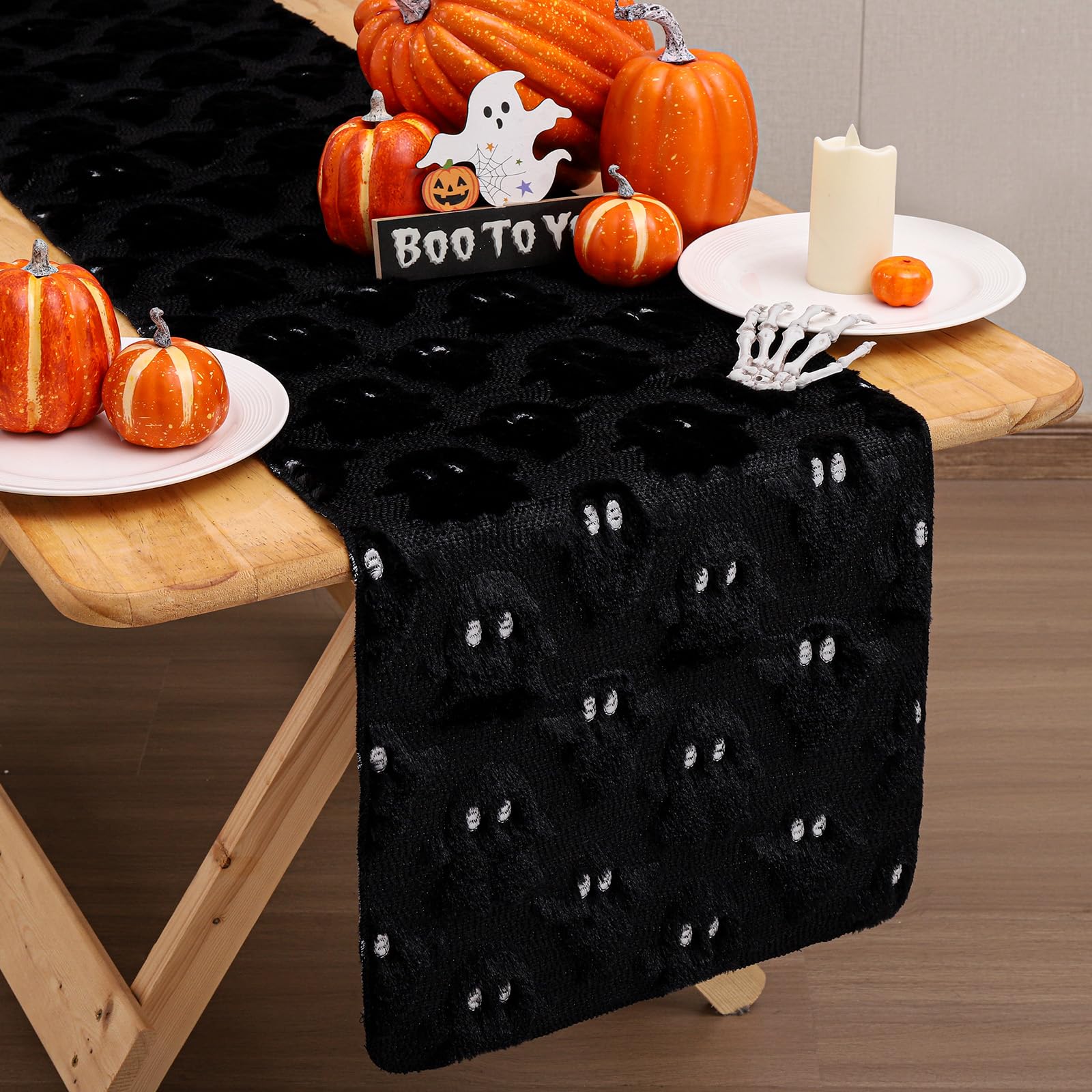 Photo 1 of ***2 pack***Hugestar Black 3D Plush Ghost Faux Fur Soft Fall Table Runner for Thanksgiving Halloween Decor Seasonal Autumn Home Harvest Party Kitchen Dining Table Decoration, 13x72 Inch