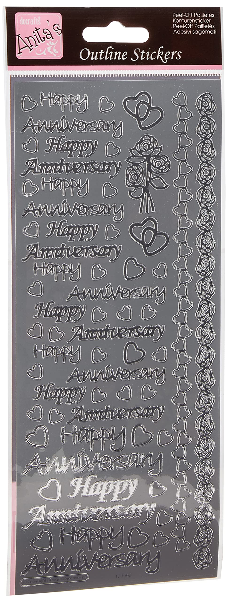 Anitas Outline Stickers, Happy Anniversary, Silver, For Scrapbooking, Card Making, Kids Play, Homework, Art, Craft, Embelish, Decorative, Paper, Card, Glass, Metal, Plastic, Foam