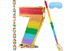PCFING 20 Inch Number 7 Piñata Rainbow with 30 Inch Piñata Stick Blindfold Confetti for Boy Girl Kids Birthday Party Decorations, Anniversary Celebration, Fiesta