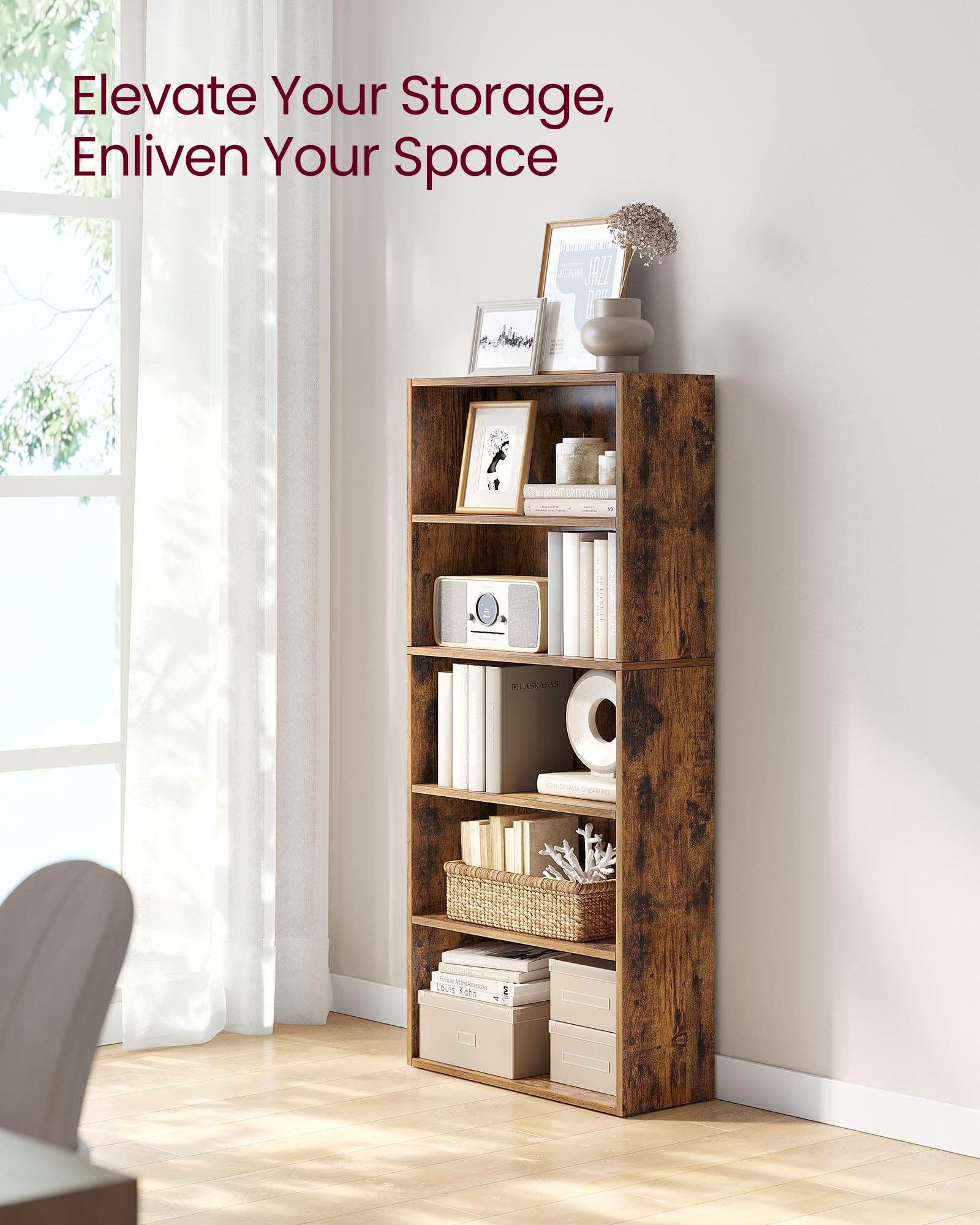 VASAGLE CUSTOS Collection - Bookshelf, 5-Tier Bookcase, Book Shelf, Open Storage Shelf, 9.4 x 23.6 x 52.8 Inches, for Living Room, Home Office, Dinning Room, Rustic Brown ULBC165X01