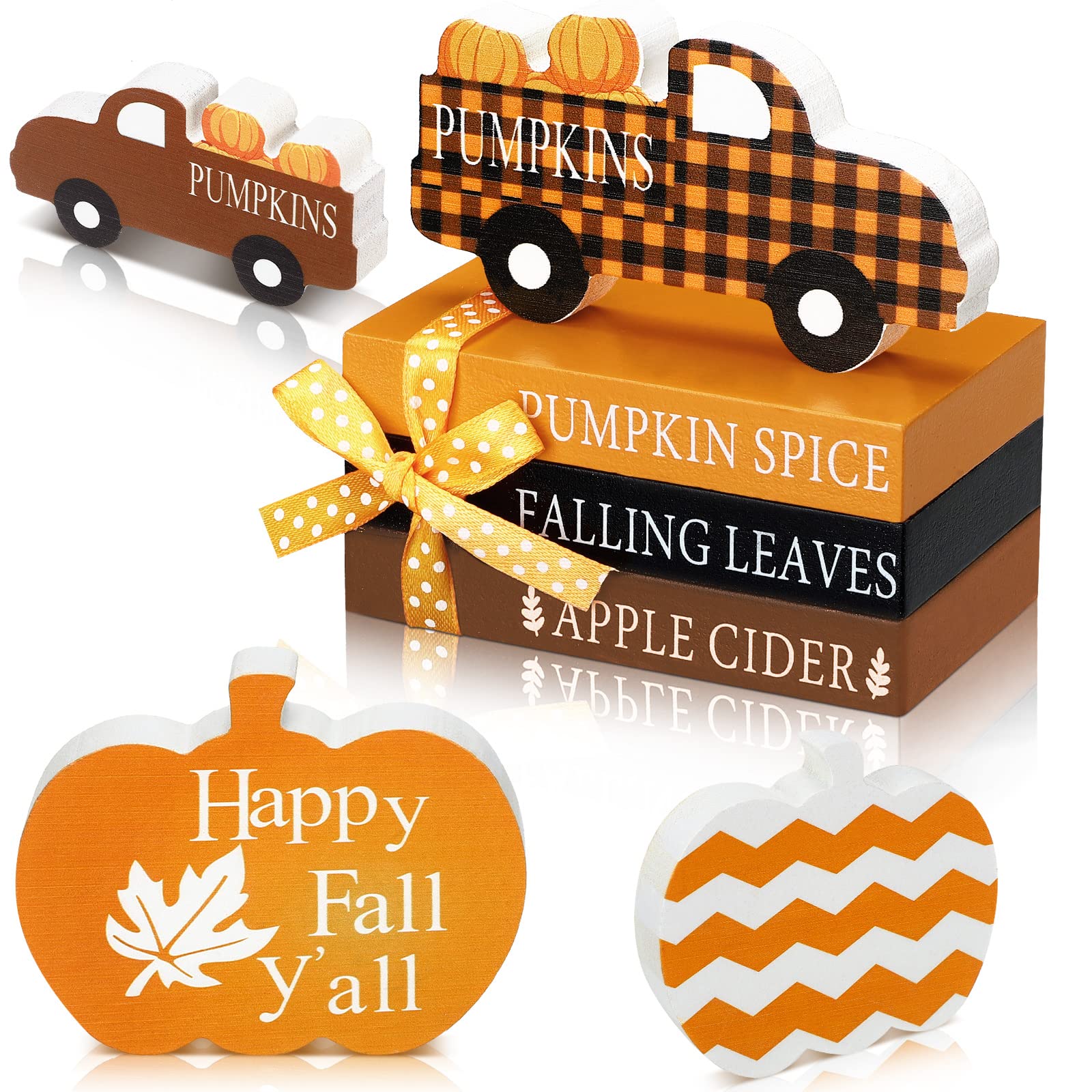 Photo 1 of Blulu 5 Pcs Fall Decorations for Home Fall Tiered Tray Decor Thanksgiving Table Decor 3 Mini Faux Decorative Books Bundle with Twine Rustic Wood Pumpkin Truck Signs for Autumn Harvest Office Shelf