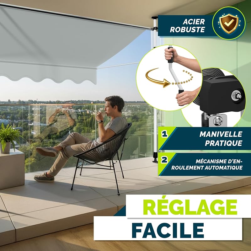 Store Banne Manuel rétractable avec manivelle pour Le Balcon | Marquise de terrasse sans percement | Marquise Soleil de Balcon auvent téléscopique (Gris Clair, 250cm)