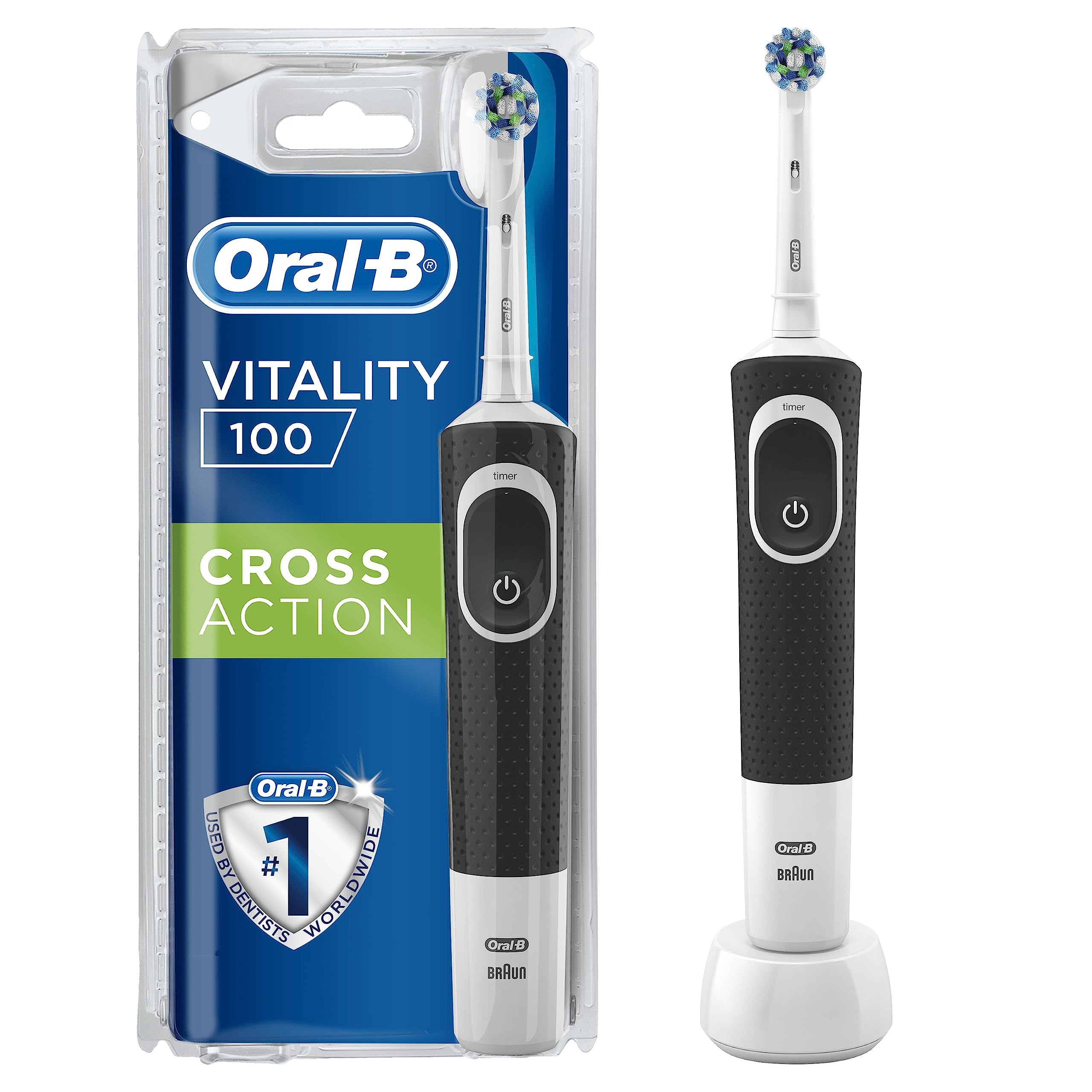 Oral-B Vitality CrossAction Electric Toothbrush, 1 Handle, 1 Cross Action Toothbrush Head, 1 Mode with 2D Cleaning, 2 Pin UK Plug, Black & White