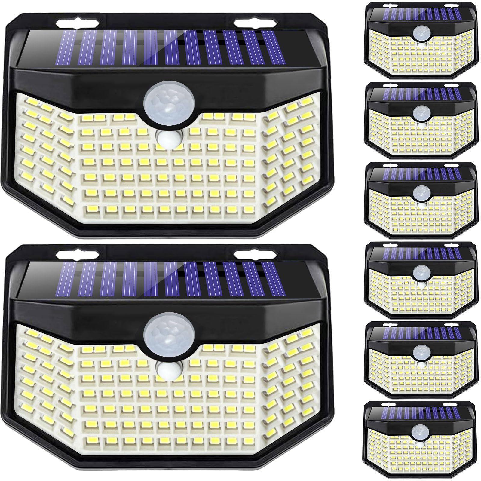 Photo 1 of HMCITY 120 LED Outdoor Solar Lights with Motion Sensor and 3 Lighting Modes, IP65 Waterproof Wide Solar Wall Lights Ideal for Garden Patio Yard (Front Button 8Packs, Daylight White, 6500K)