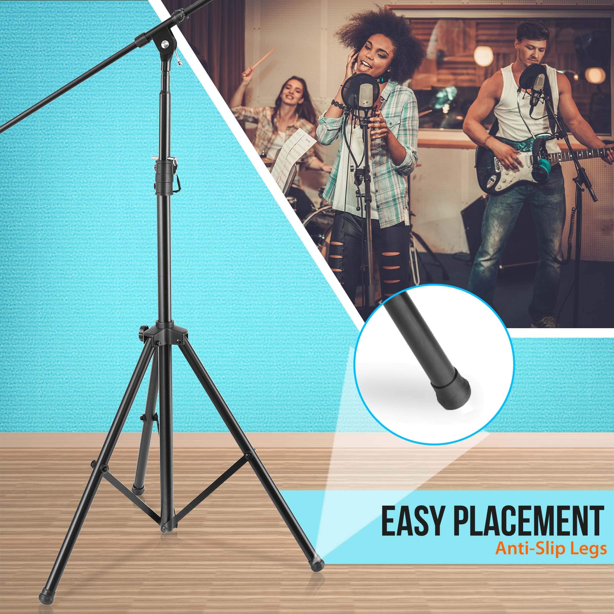 Pyle Adjustable Tripod Microphone Boom Stand - Pair of Universal Heavy Duty Lightweight Professional Compact Stage Studio Floor Standing Boom Mic Tripod Holder w/ Standard 5/8