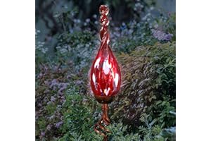 Exhart Garden Solar Lights, Decorative LED Flame Garden Stake, Hand Blown Glass and Metal Outdoor Decoration, Twist Red, 3 x 36 Inch