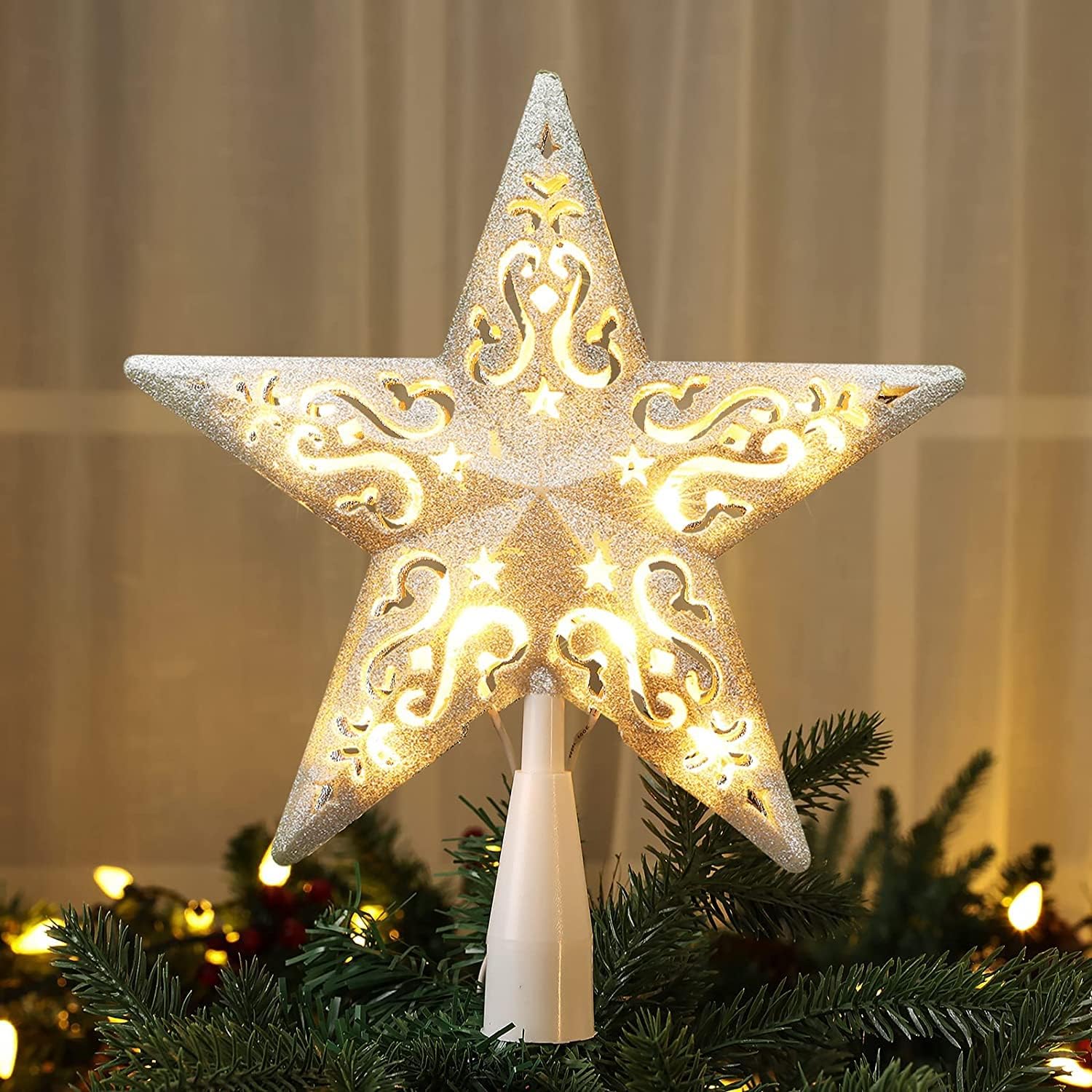Tree Toppers - BrizLabs Christmas Star Tree Topper Lighted, 8” Silver Hollowed Pentagram Plug in Xmas Treetop Lights Whith 10 Bulbs, UL Certified Warm White Treetop Star Light for Holiday Christmas Tree Decoration