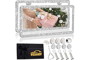 WEDAMER 2 Pack Bling License Plate Frames for Women, Sparkly Rhinestone License Plate Frame Diamond License Plate Frame Glitter Bedazzled Girly License Plate Frames Holder Cover Bling Tire Valve Caps