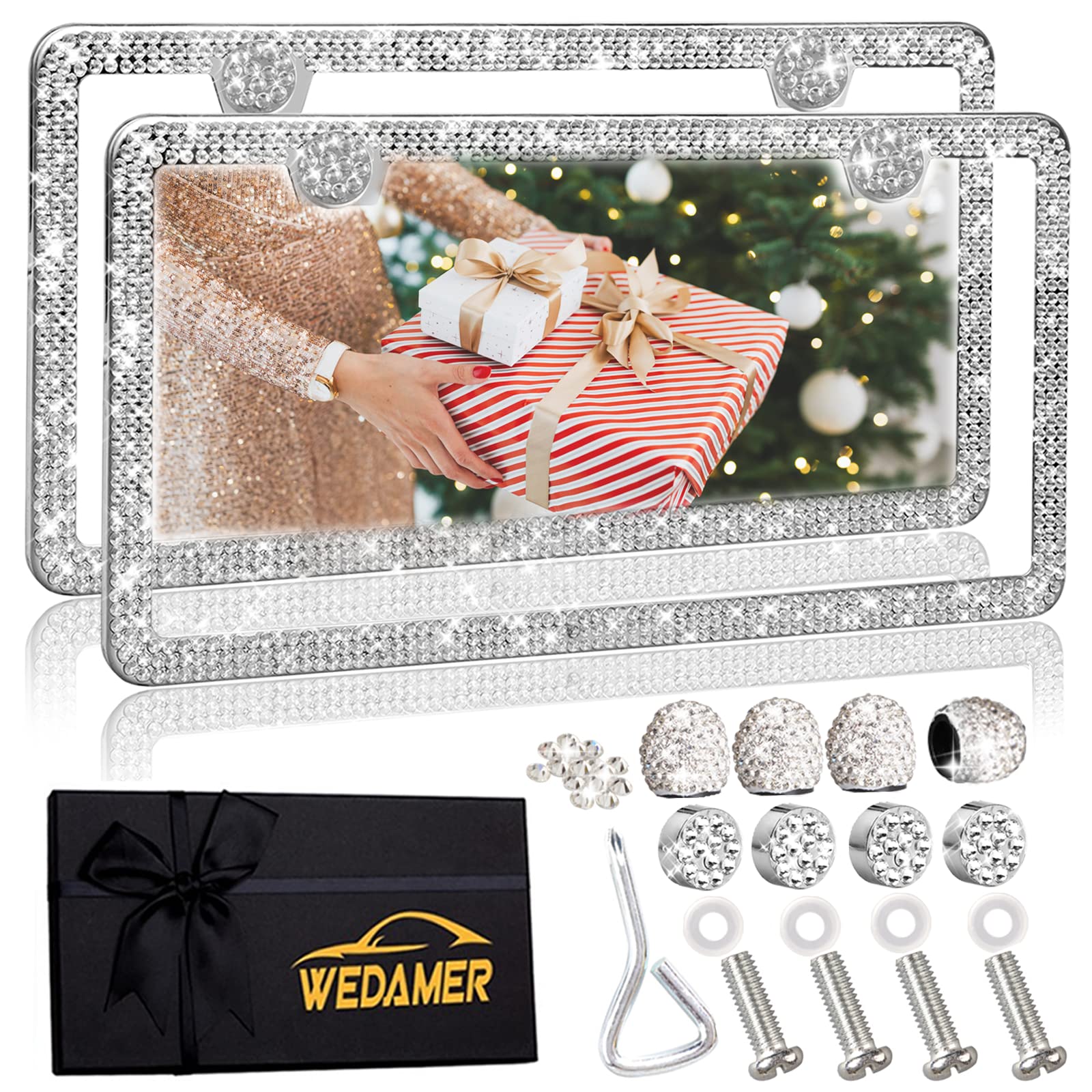 Photo 1 of WEDAMER 2 Pack Bling License Plate Frames for Women, Sparkly Rhinestone License Plate Frame Diamond License Plate Frame Glitter Bedazzled Girly License Plate Frames Holder Cover Bling Tire Valve Caps