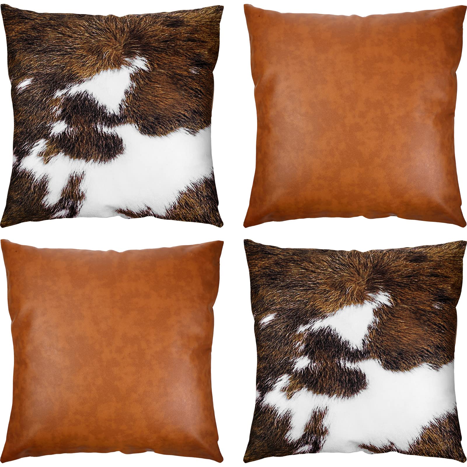 Photo 1 of Western Pillow Covers 18 x 18 Set of 4, Faux Leather Throw Pillow Covers and Cowhide Accent Printing Hidden Zippered Pillowcase Modern Farmhouse Decorative Square Cushion Cases for Couch Sofa Bed