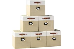AUSSIY 13 inch Cube Storage Bin with Labels, Strong Fabric Collapsible Storage Bins with Handles, Cube Organizer Baskets for Shelves, Closets, Nursery, Home, Toys, Pack of 6 (Off White/Khaki)