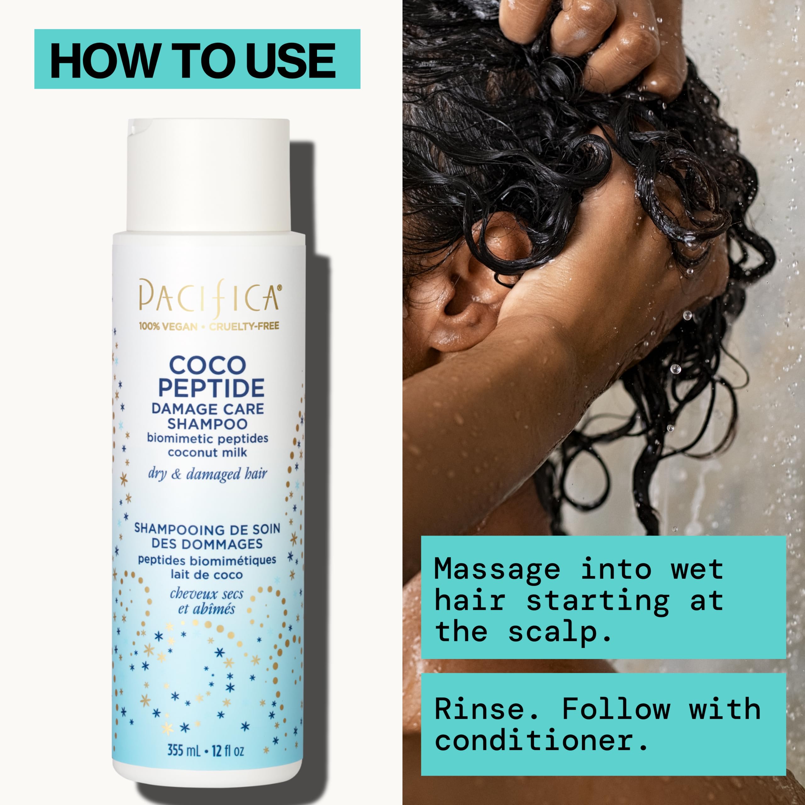 Pacifica Coco Peptide Damage Care Shampoo – Repairing Sulfate-Free Shampoo for Damaged Hair, Split Ends & Breakage, w/Collagen & Peptides Silicone-Free Clean Vegan & Cruelty-Free Dermatologist Tested