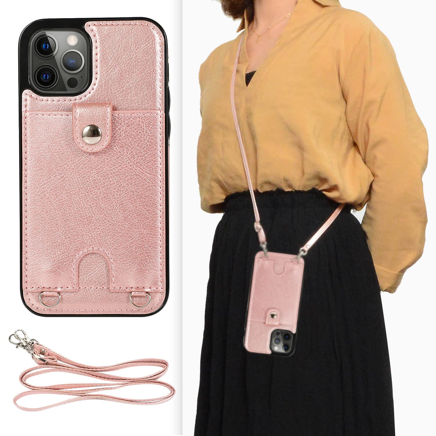 DEFBSC Lanyard Case for iPhone 14 Pro Max, Adjustable Crossbody Lanyard Strap Premium PU Leather with Card Holder, Waterproof Protective Back Cover for iPhone 14 Pro Max - Rosegold