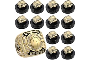 Remuuly 12 Pcs Basketball Champion Rings Basketball Champion Trophy Rings Award Gift Prize with Display Neck Chain and Stand for Basketball Tournament or Champion Winner