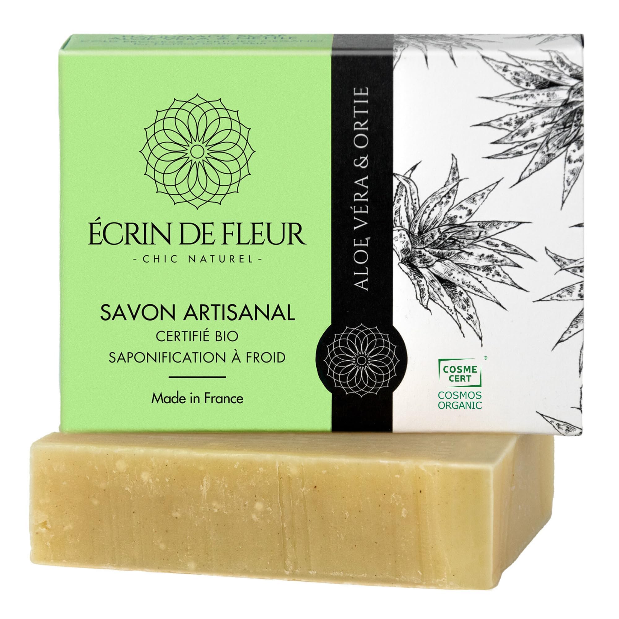 Écrin de Fleur – Organic Aloe Vera & Nettle Soap Bar, Handmade in France, COSMOS Organic & Nature et Progrès Certified, Patchouli & Peppermint, 90g
