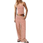 Burtell Summer Striped 2 Piece Lounge Sets For Women Casual Strapless Crop Tube Tops Wide Leg Pants Sets Matching Pajama Sets