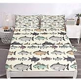 LUVIVIHOME 4PCS Fishing Sheets Set, Twin Bed Sheets, Hunting Lodge Country Rustic Farmhouse Pike Bass Fish Bedding, Fishing Gifts for Men Teen Boys, 1 Fitted Sheet & 1 Flat Sheet with 2 Pillowcases