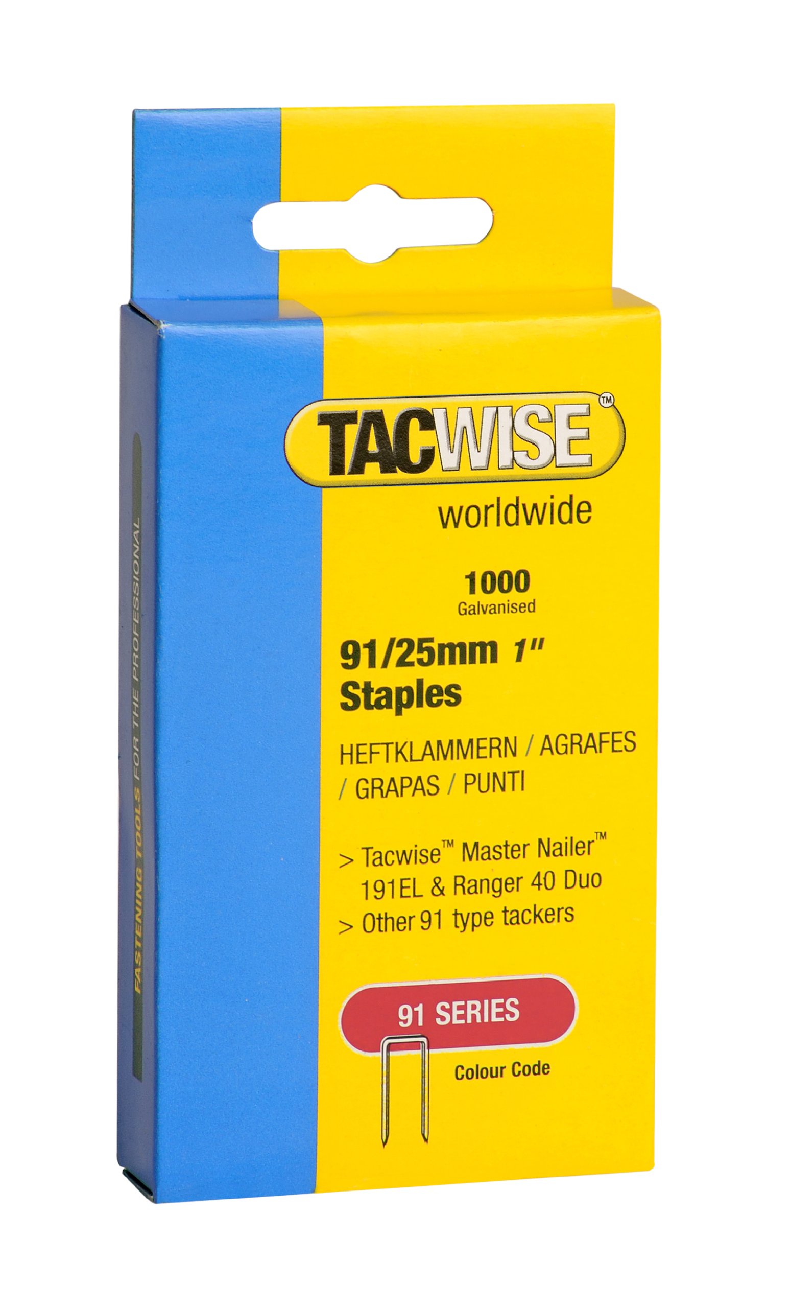 Tacwise 0285 Type 91 / 25 mm Galvanised Narrow Crown Staples, Pack of 1,000