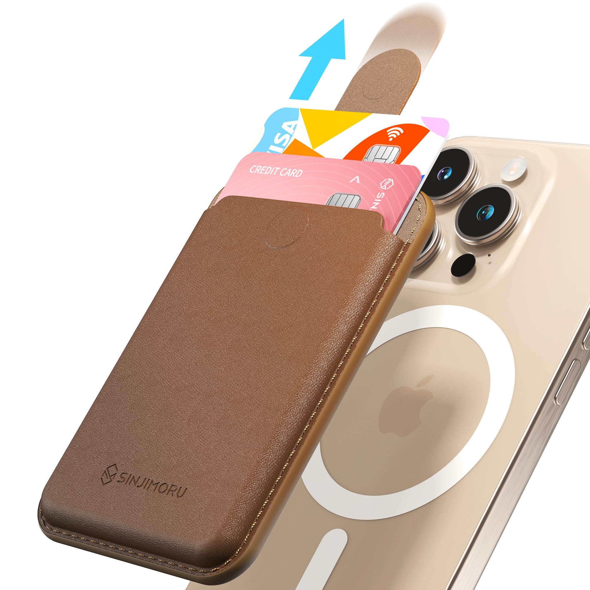 Sinjimoru Pull & Eject Magnetic Wallet for iPhone, Vegan Leather Magnetic Card Holder, Compatible with MagSafe Wallet, M-Pull Tab Wallet Brown