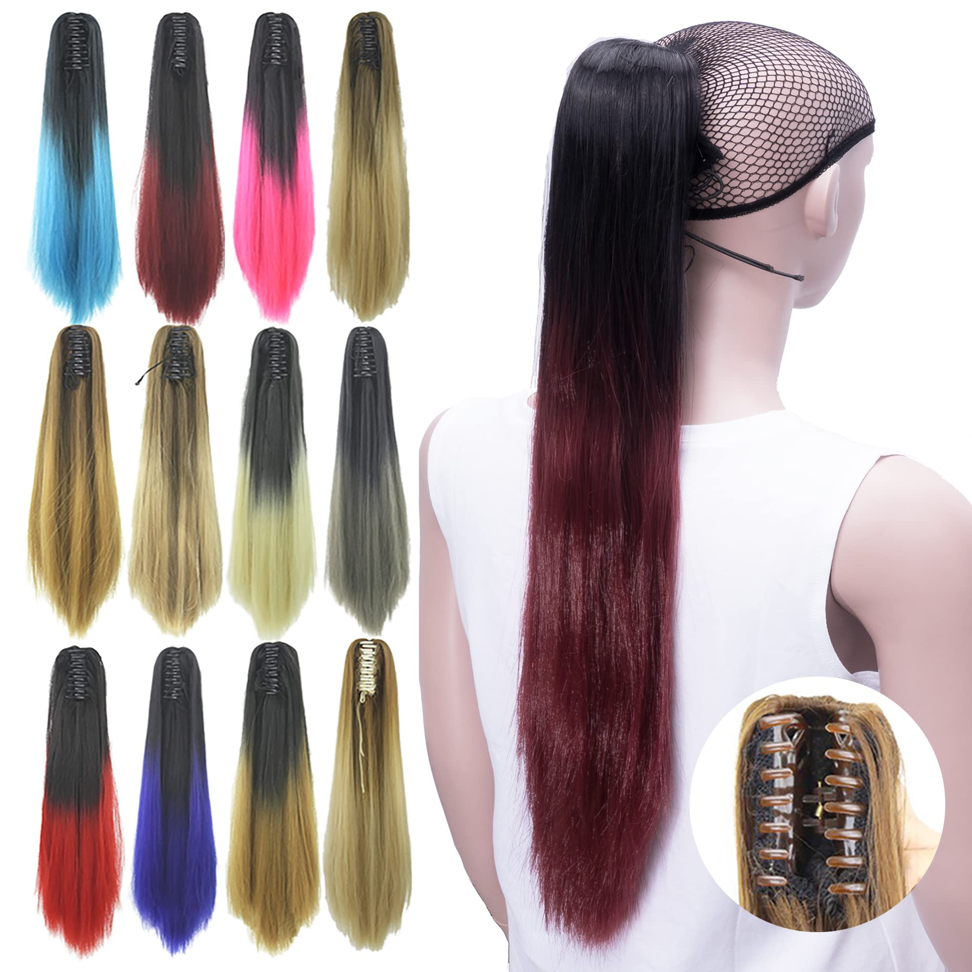 IMISSU Straight Clip on Hairpiece Extensions Pony Tail Clip Claw Ombre Ponytail Hair Pieces (Ombre Burgundy)