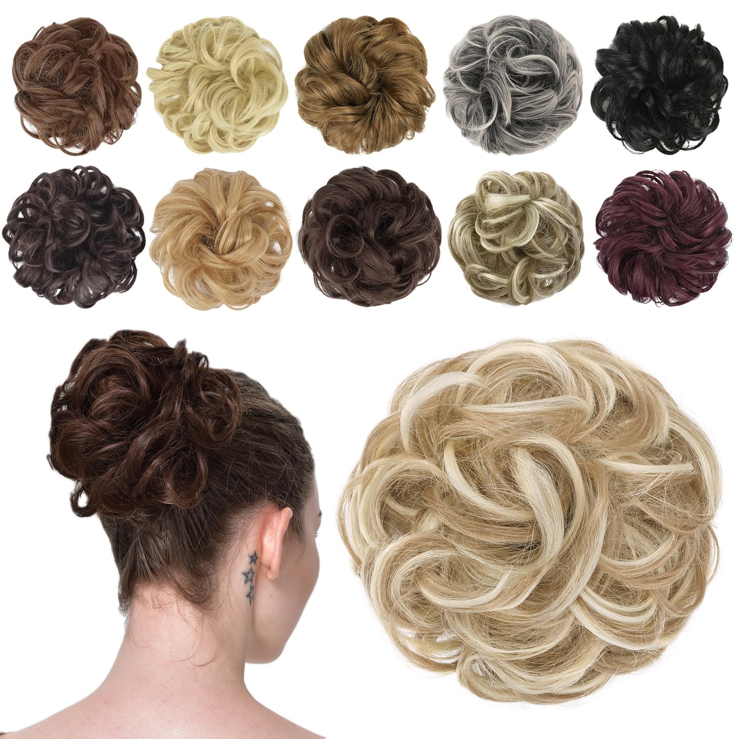FESHFEN Messy Bun Hair Pieces - Wavy Curly Elastic Hair Bun Scrunchies Ponytail Extensions Synthetic Accessories Chignon Hairpieces for Women, Light Ash Brown & Bleach Blonde 42 g — image 1