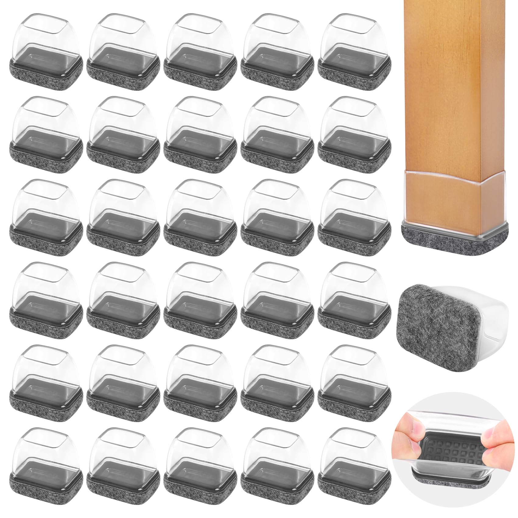 Photo 1 of Small Rectangle Silicone Chair Leg Caps with Felt Pads, 32PCS Rectangular Chair Leg Floor Protectors for Hardwood Floors, Clear Chair Leg Covers to Protect Floors, Fit Length 0.9"-1.3" Width 0.6"-0.9"
