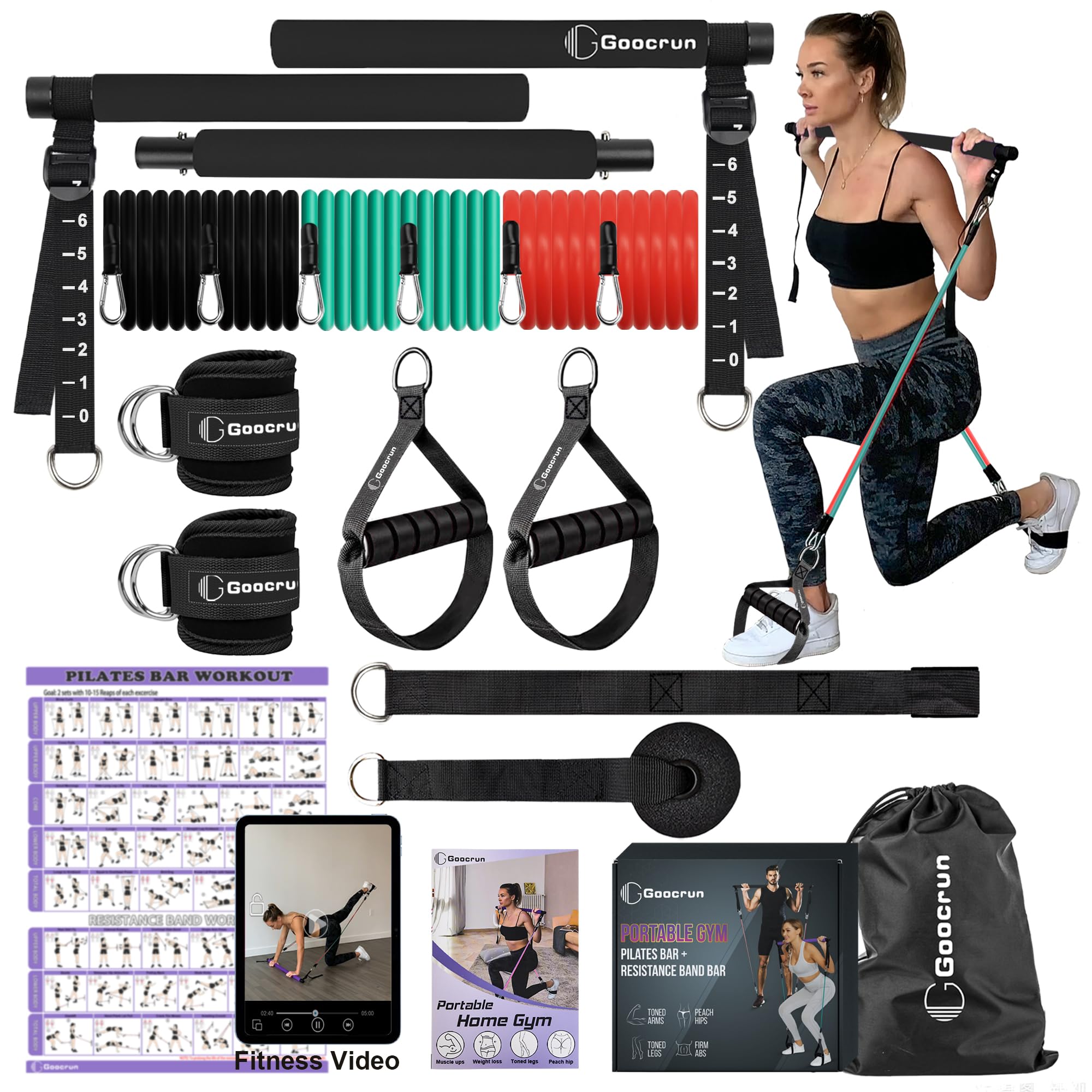 Portable Pilates Bar and Resistance Band Bar with Handles, Includes Door Anchors, Ankle Strap and Extension Straps - with Fitness Posters and Videos