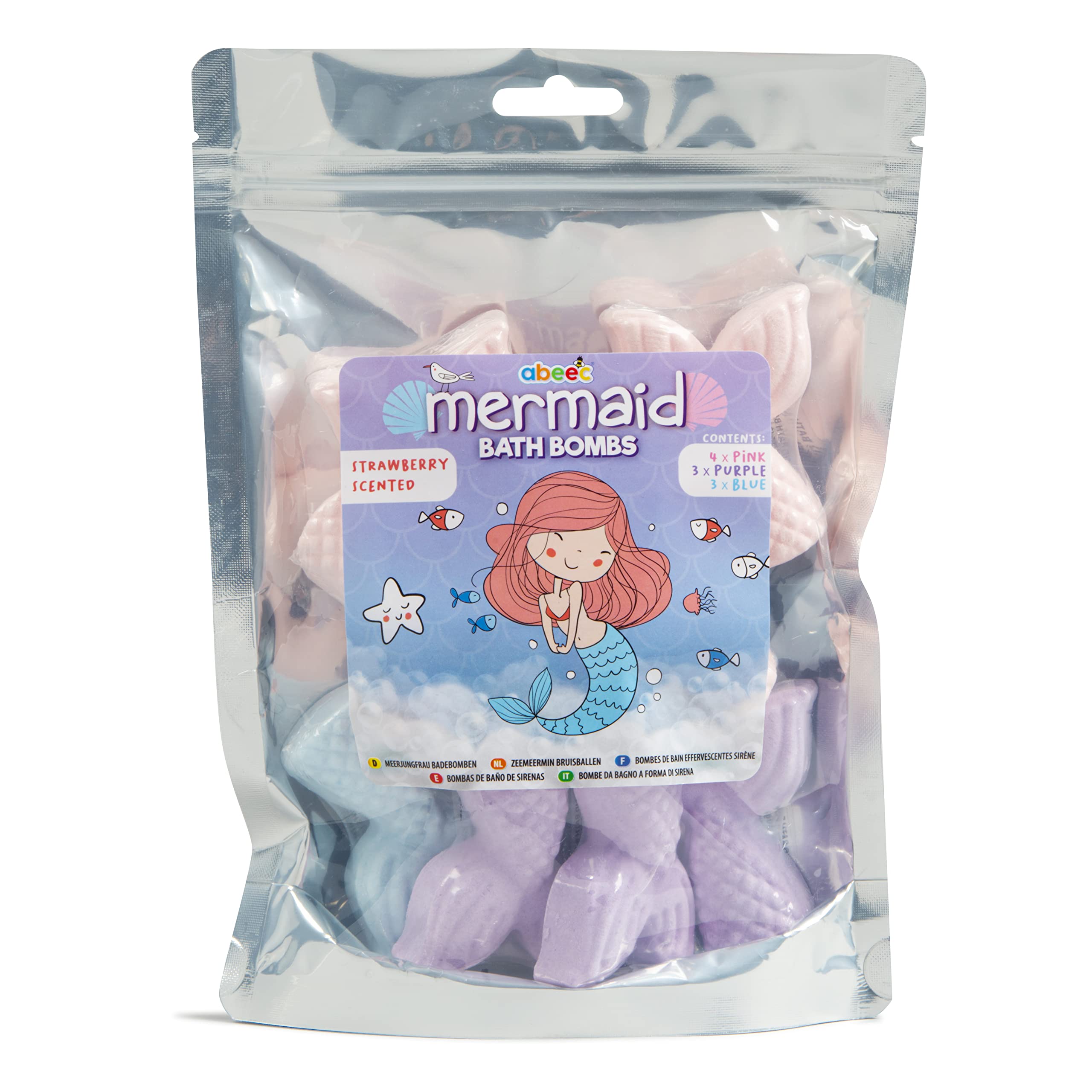 abeec Mermaid Bath Bombs for Kids – 10-Pack of Strawberry-Scented Bath Fizzers – Fun Bath Bomb Gift Set with Pink, Blue & Purple Mermaid Shapes – Bubble Bath Gift for Girls & Boys