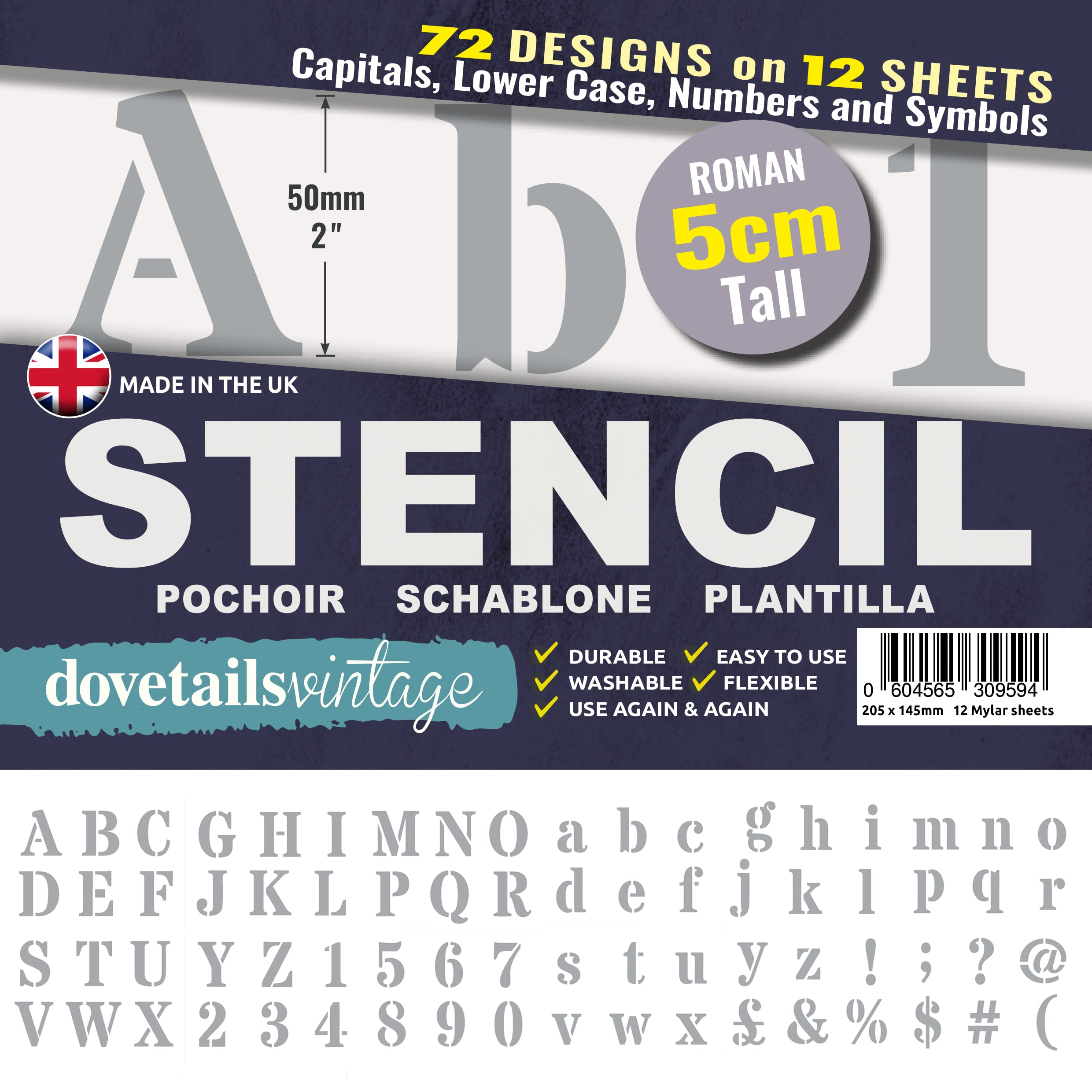 Dovetails Vintage 5 cm Tall Letter Stencil Kit - Roman Style Upper and Lower Case with Numbers and Symbols.
