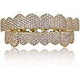 JINAO Grillz Gold Grills for Your Teeth Fake Teeth 18K Gold Plated Iced out 8 Top Teeth 8 Bottom Tooth Grillz for Men Women Hip Hop Rapper Costume