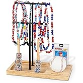 Pinzoveco Wooden Baseball Drip Necklace Organizer Holder,3 Tier Baseball Display Stand with 14 Hooks, Championship Ring Display Holder, Sports Ring Holder, Necklace Baseball Display Gift