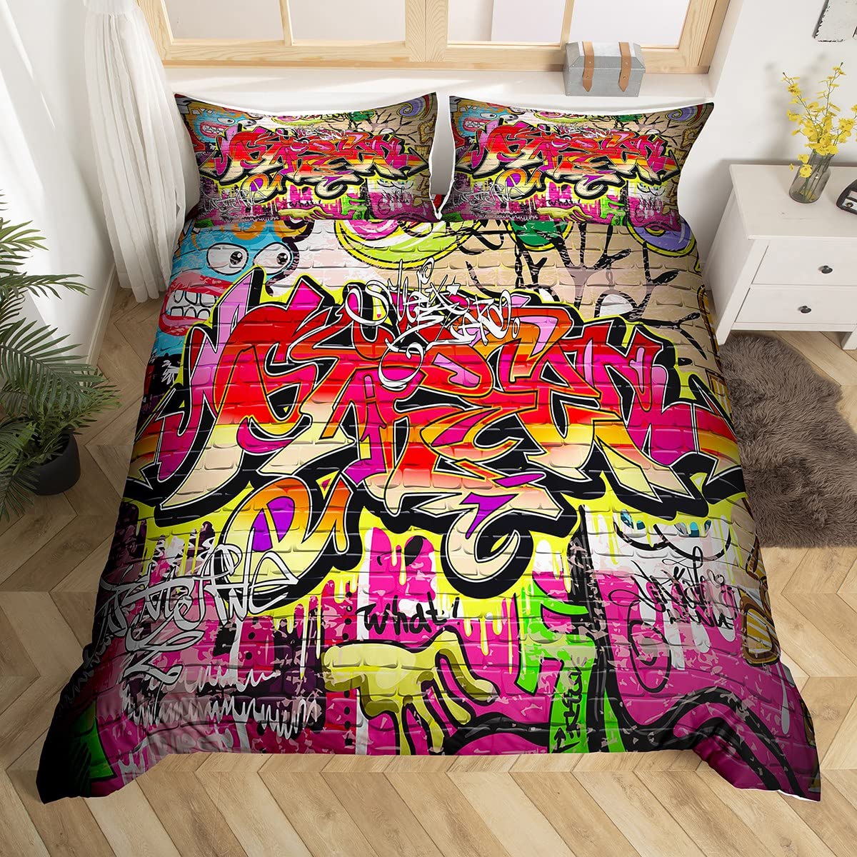 Homewish Hip Hop Single Duvet Cover Set Teenage Boys Graffiti Bedding, Colorfull Graffiti Wall Art Design Duvet Set for Kids Girls, Hippie Street Culture Decor Comforter Cover 2 Pieces — image 1