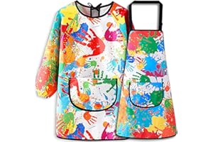 MINIQ Kids Art Smock and Painting Apron Kit,Waterproof Artist Smocks with Pocket Long Sleeves and Aprons for Age 8-14