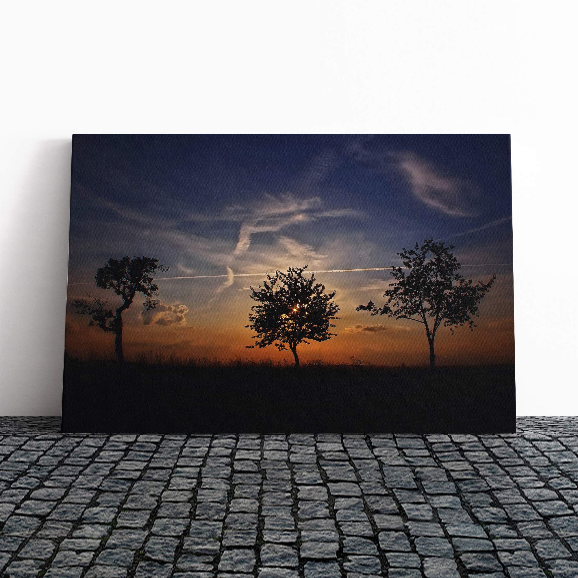 Landscape Three Trees Sunset Canvas Print | Gallery Wrapped 30mm Frame Wall Art | 20x14 inches | Ready to Hang | Modern Landscape Picture | Living Room Bedroom Lounge Office