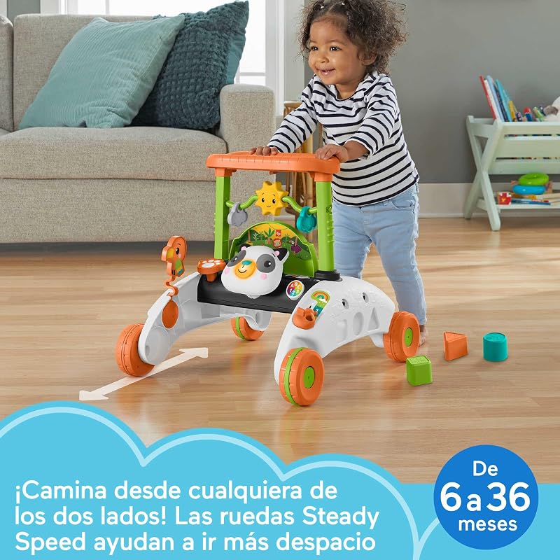 Fisher-price, andador panda 2 faces com atividades com luzes e sons, brinquedo para caminhar ou sentar com estampa de selva, presente para bebê acima de 6 meses (mattel hjy73)