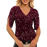 GRACE KARIN Womens 3/4 Length Sleeve Sequin Tops V Neck Velvet Ruched Blouses 2026 Glitter Trendy Party Outfit