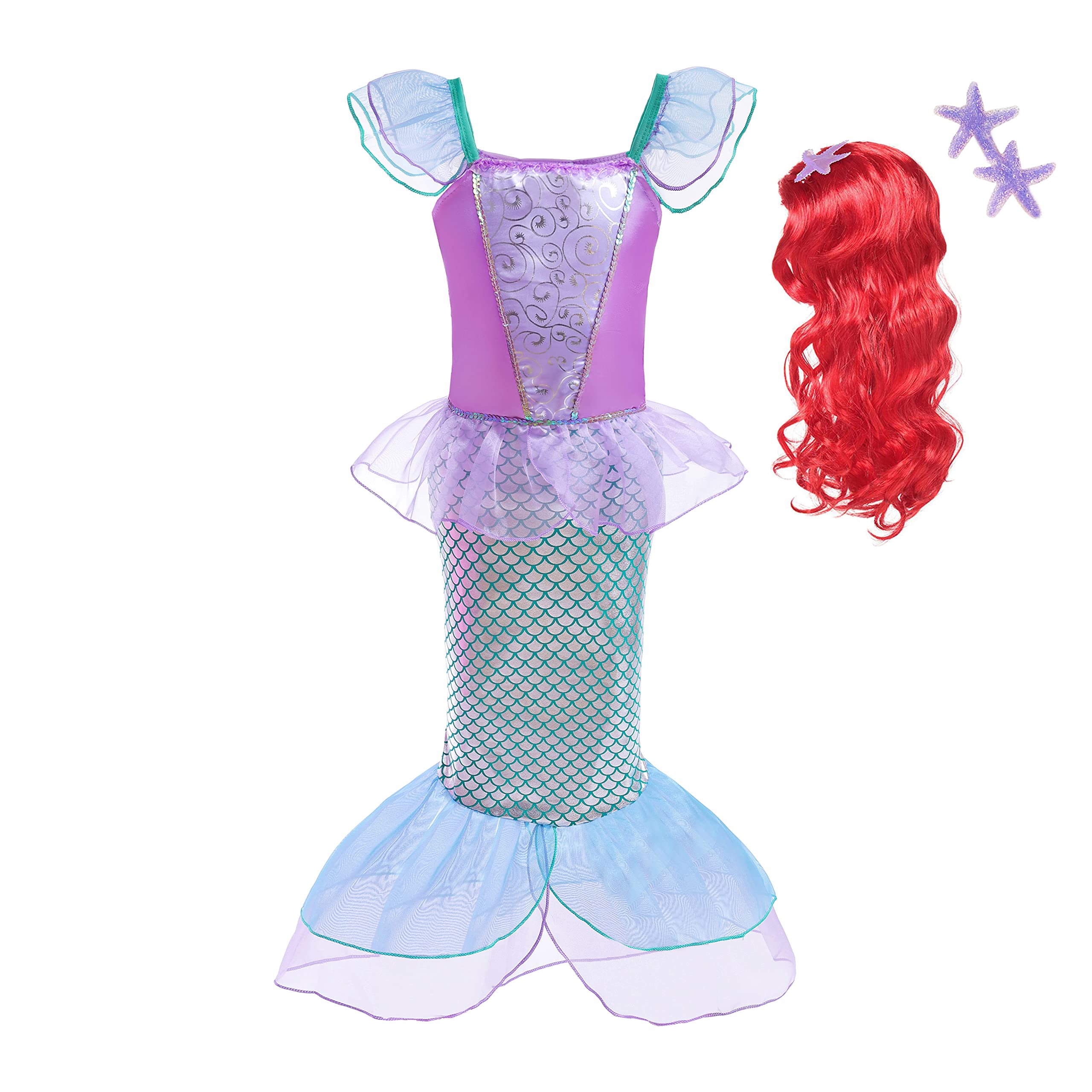 Lito Angels Mermaid Princess Ariel Costumes Fancy Party Dress with Hair Wig for Kids Girls Age 7-8 Years Purple