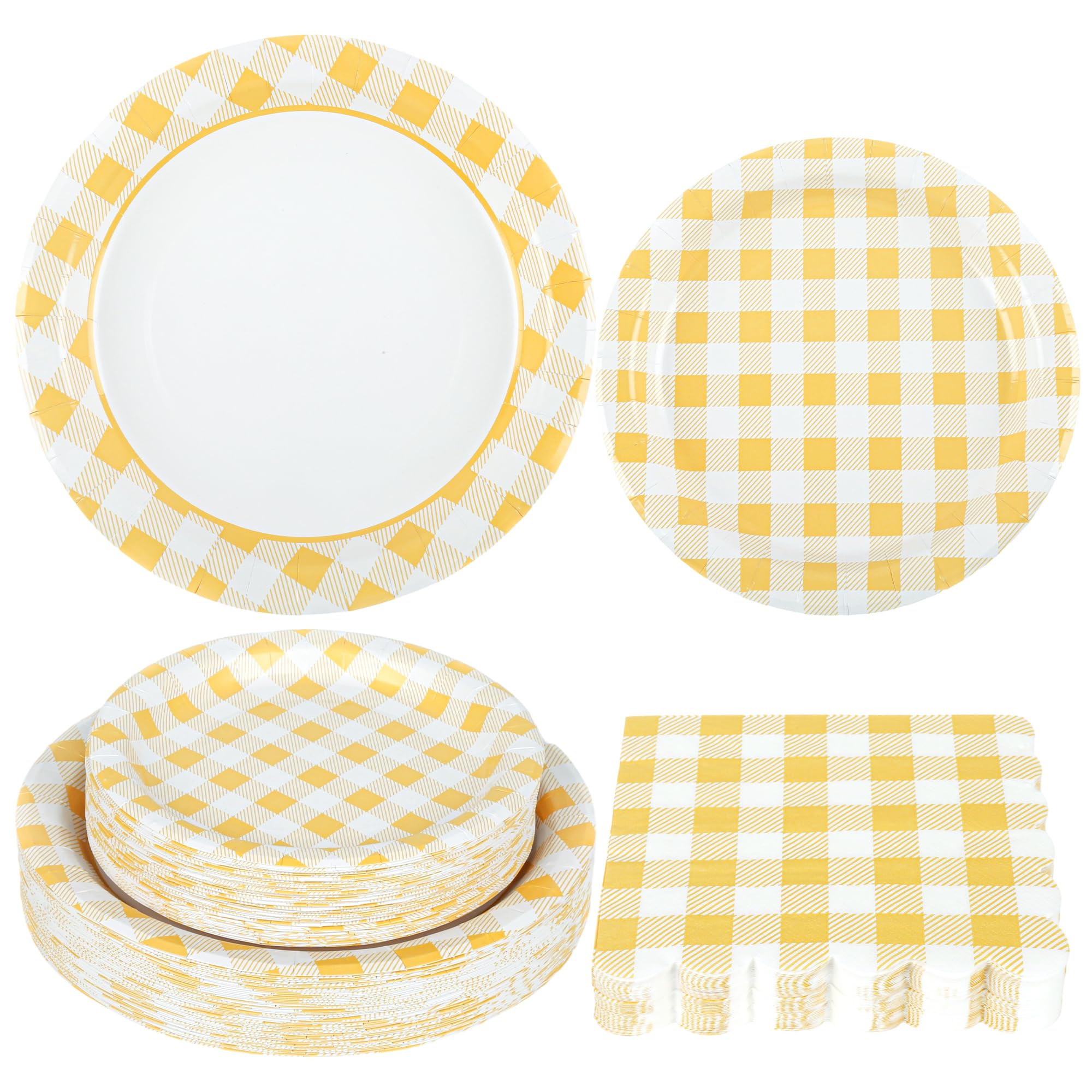 Photo 1 of 150Pcs Yellow Gingham Party Supplies Gingham Paper Plates and Napkins Checkered Plates Disposable Yellow and White Plaid Party Decor for Birthday Family Picnic BBQ,Serves 50 Guests