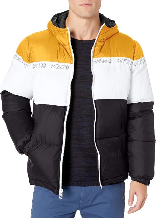 guess men's hooded puffer coat yellow