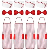 Yuanan 4 Set Adult Carnival Costume Outfit, 1950s Waiter-Costume Kit, Red & White Striped Apron with Pocket, Chef Hat & Red Bow Tie for Circus Hot Dog Costume Cosplay, Retro Carnival Party Attire