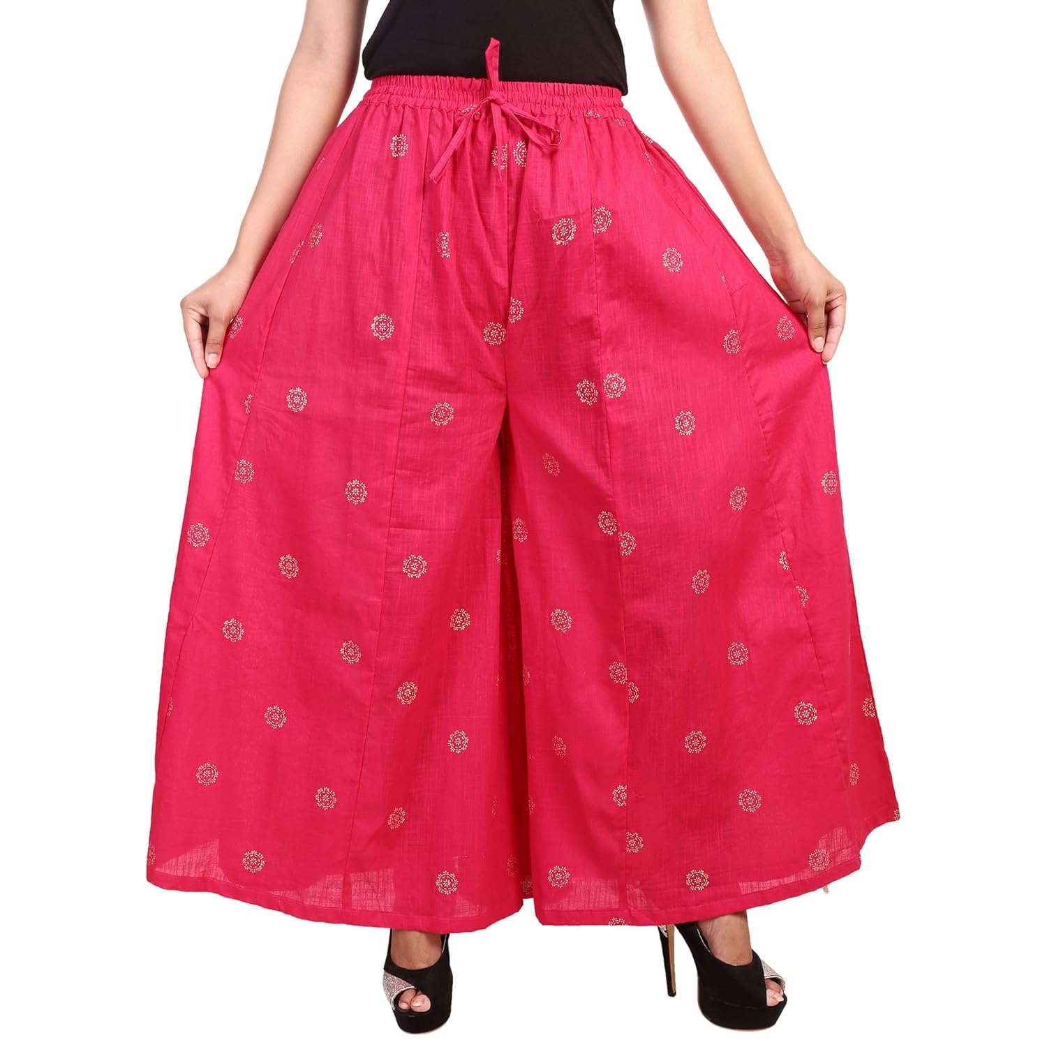 bilochi's women's stylish gold print full flair multi coloured plazo black