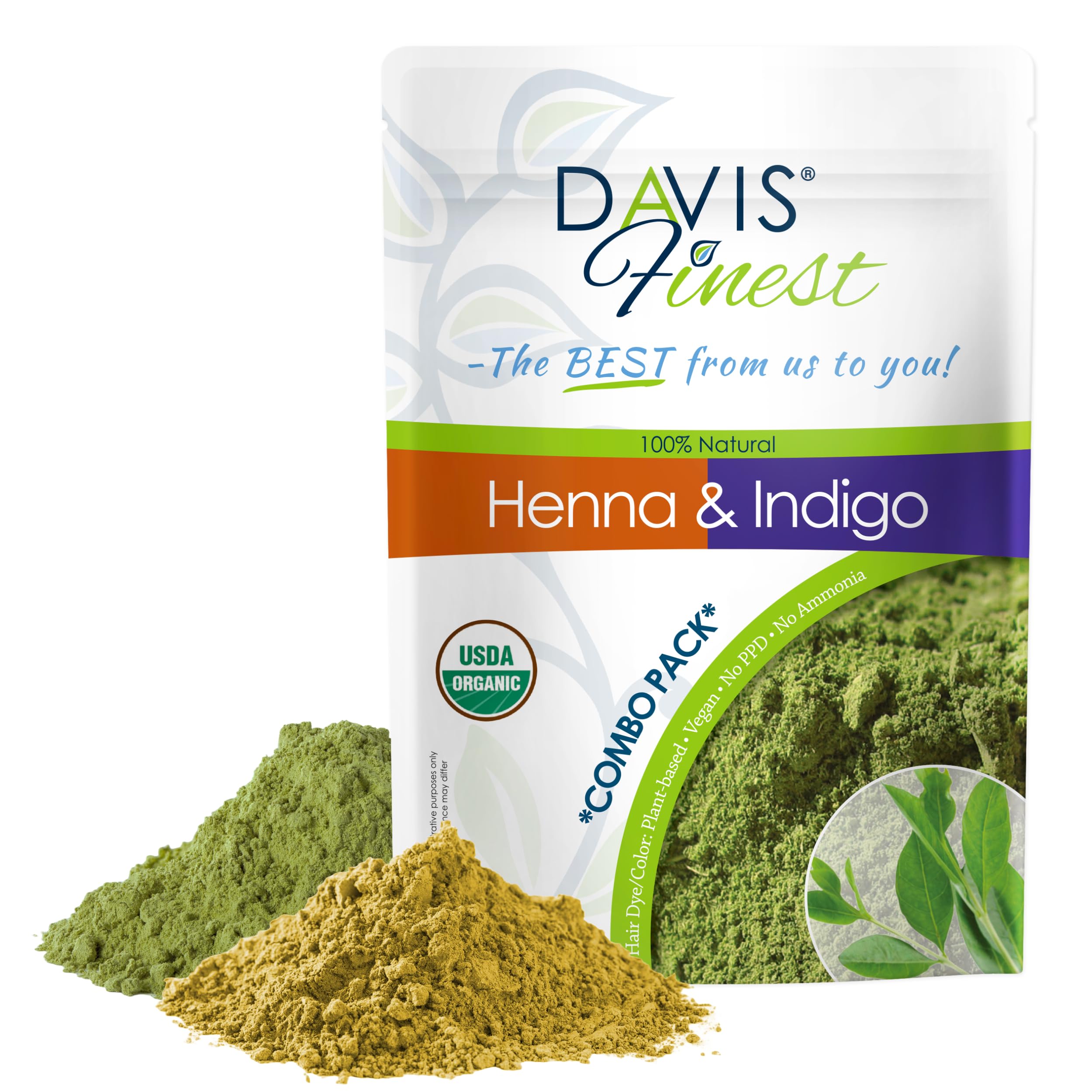 Davis Finest - Henna & Indigo Powder - 200g Combo Pack (100g Each) - 100% Organic Hair & Beard Dye - Natural Colouring for Men & Women - Softening, Thickening & Volumising - PPD-Free & Vega