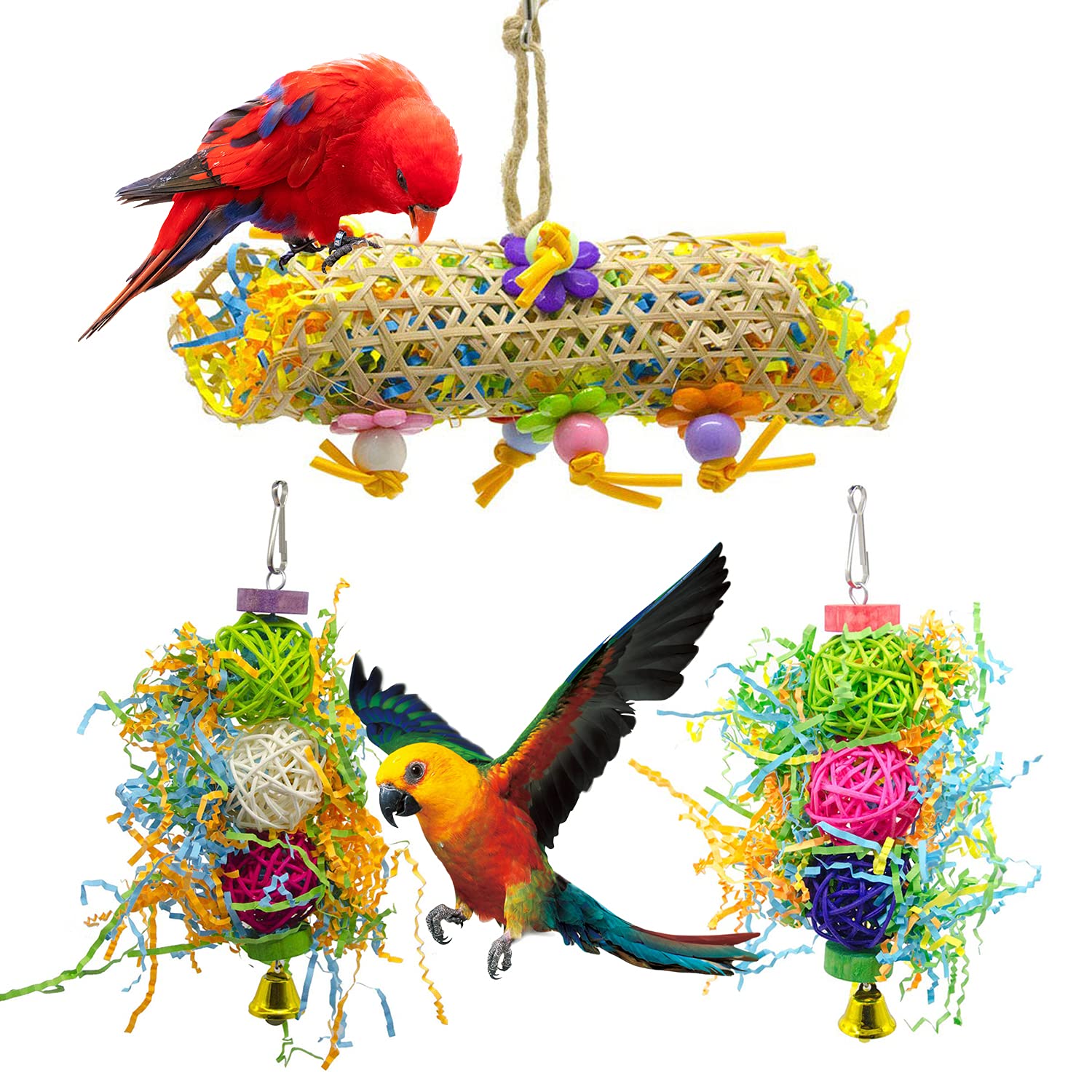 SHANTU 3Pack Bird Chewing Toys Foraging Shredder Toy Parrot Cage Shredder Toy Bird Loofah Toys Foraging Hanging Toy for Cockatiel Conure African Grey Parrot