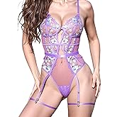 HELLOLAGIRL Women One Piece Lingerie Lace Bodysuit Lavender Blossom Embroidered French-inspired Bodysuit
