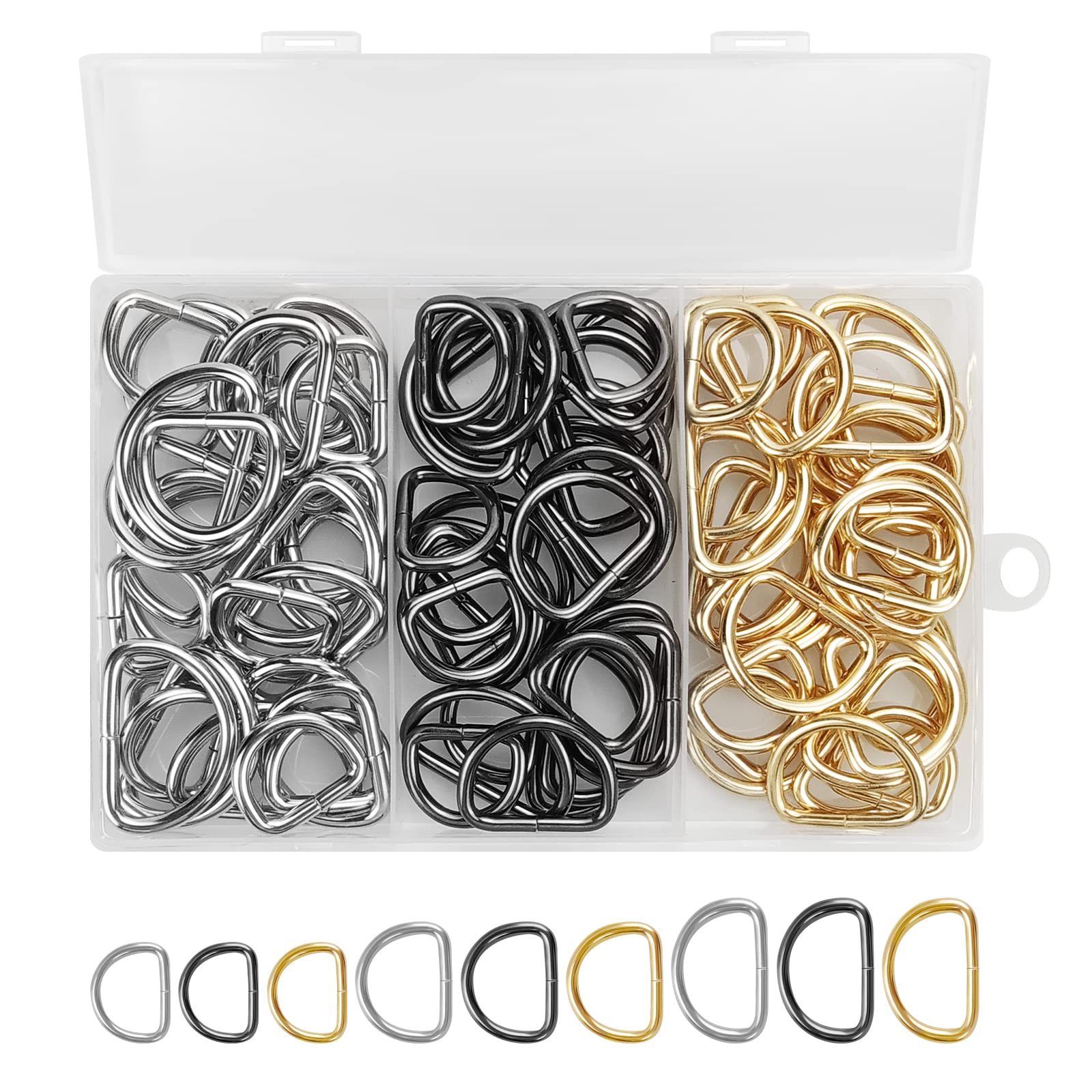 CiShow 90 Pcs Metal D Ring Buckles, Nickel Plated Semi Circular Rings, D-Shape Buckle Clips, Durable Fastener Buckles, Opening Half Ring, Non Welded Metal D Ring for Purse Keychains(3 color, 3 sizes)